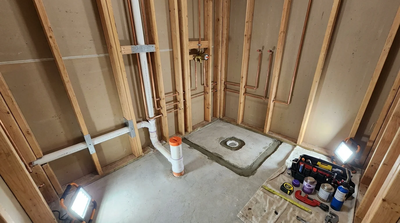 Bathroom rough-in plumbing during remodel by Johns Plumbing LLC in Wilmington
