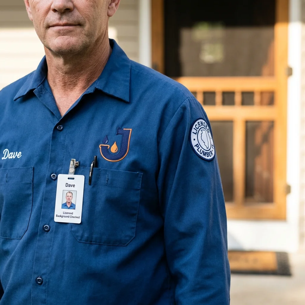 Licensed plumber showing ID badge in Wilmington, MA
