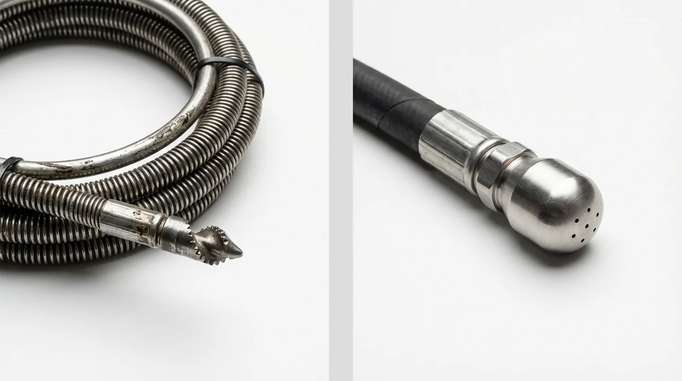 Drain snake cable and hydro jetting nozzle used for drain cleaning in Wilmington, MA