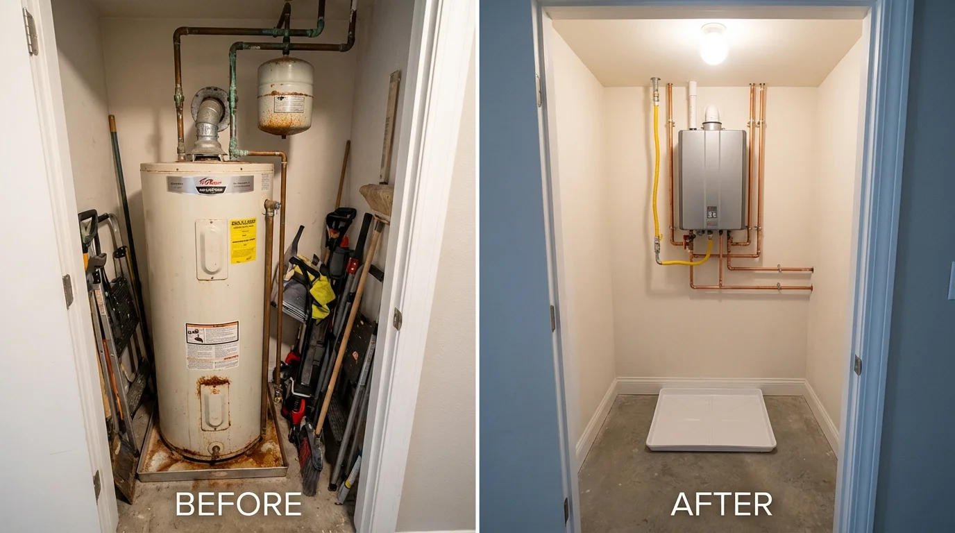 Tank water heater versus wall-mounted tankless unit comparison for Wilmington, MA homeowners