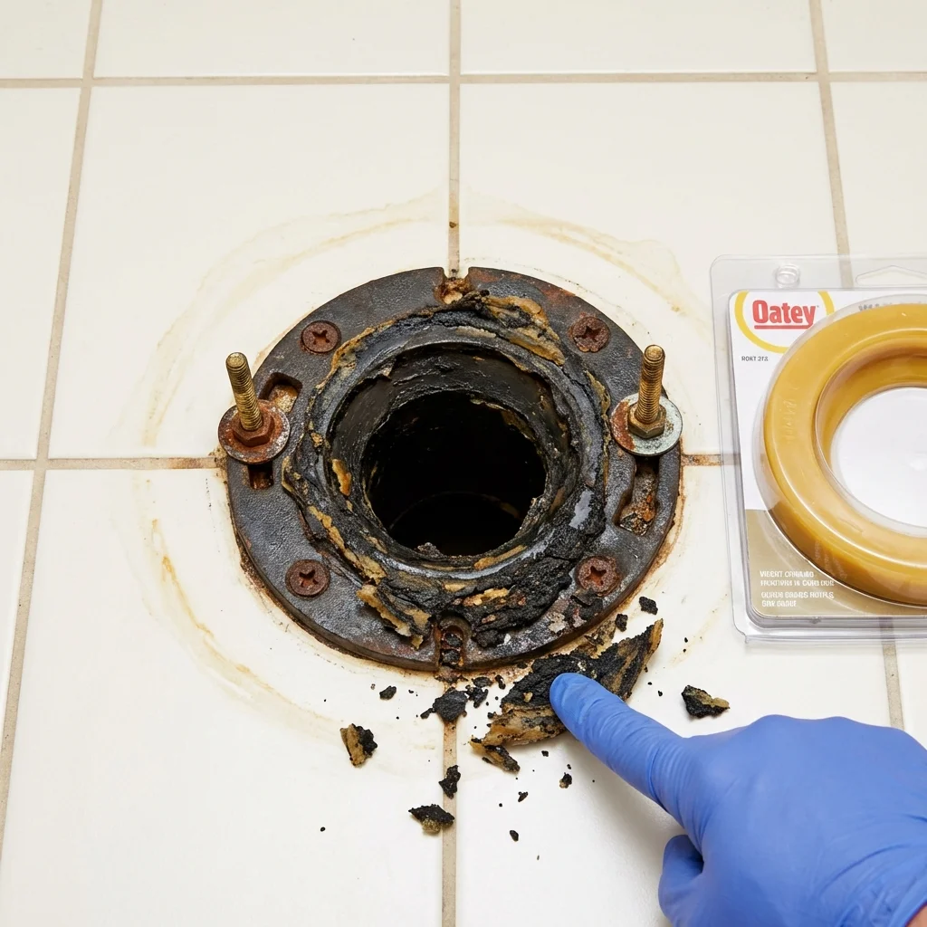 Failed wax ring showing water seepage at the base of a toilet in a Wilmington, MA home