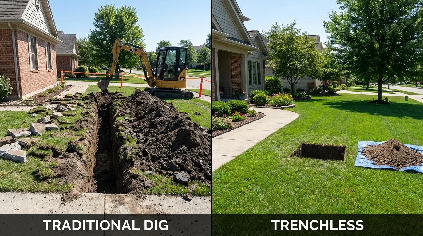 Trenchless sewer repair with minimal yard damage versus traditional excavation in Wilmington, MA