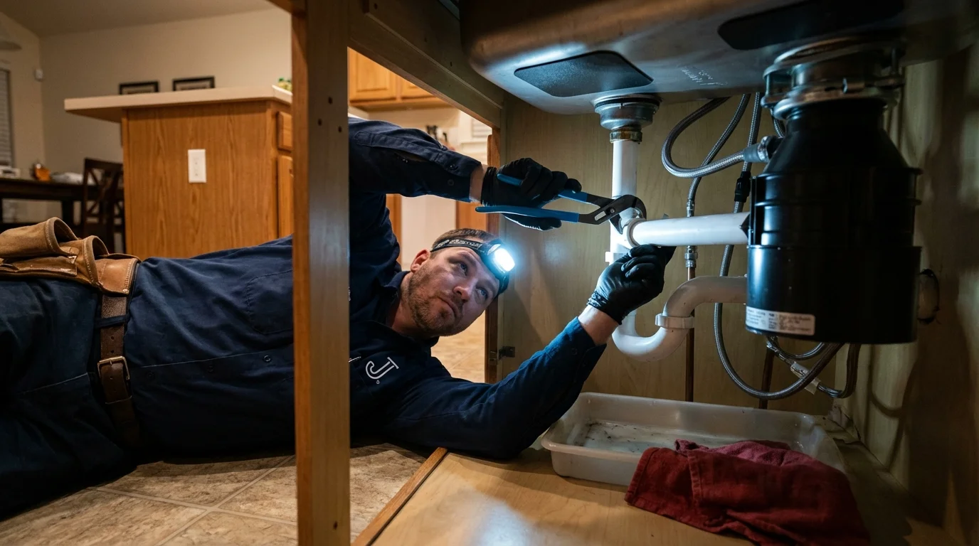 P-trap and supply line connections under a kitchen sink showing a common leak point in Wilmington, MA